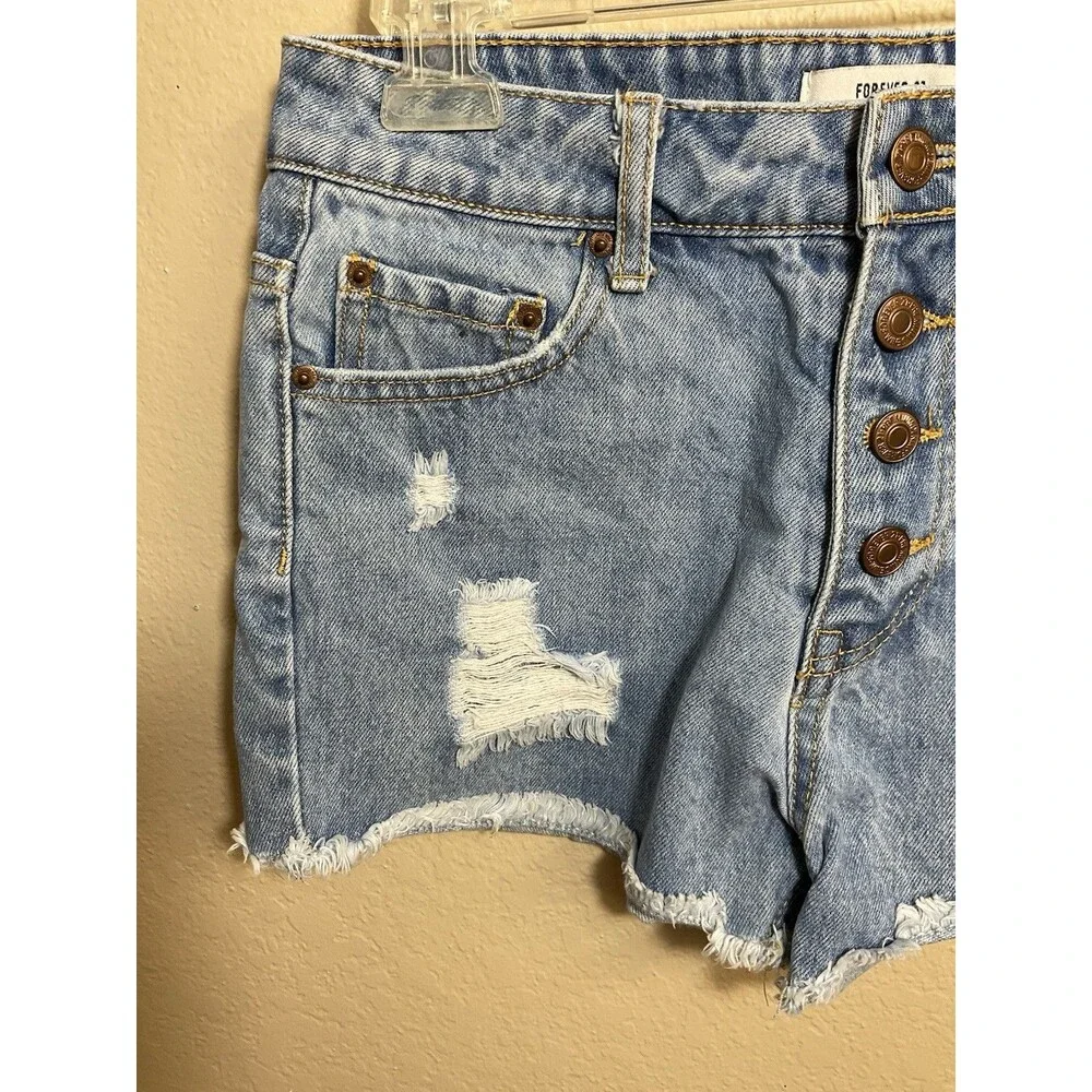 Forever 21 Button Fly Distressed Cut Off Blue Denim Shorts Size 25